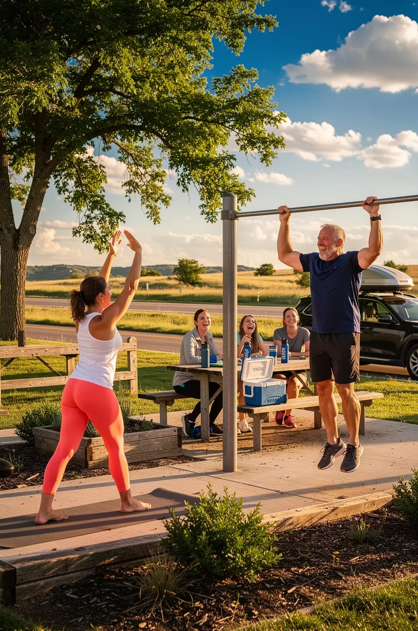 Современное оборудование для силовых тренировок и кардионагрузок на придорожной фитнес-площадке в Америке