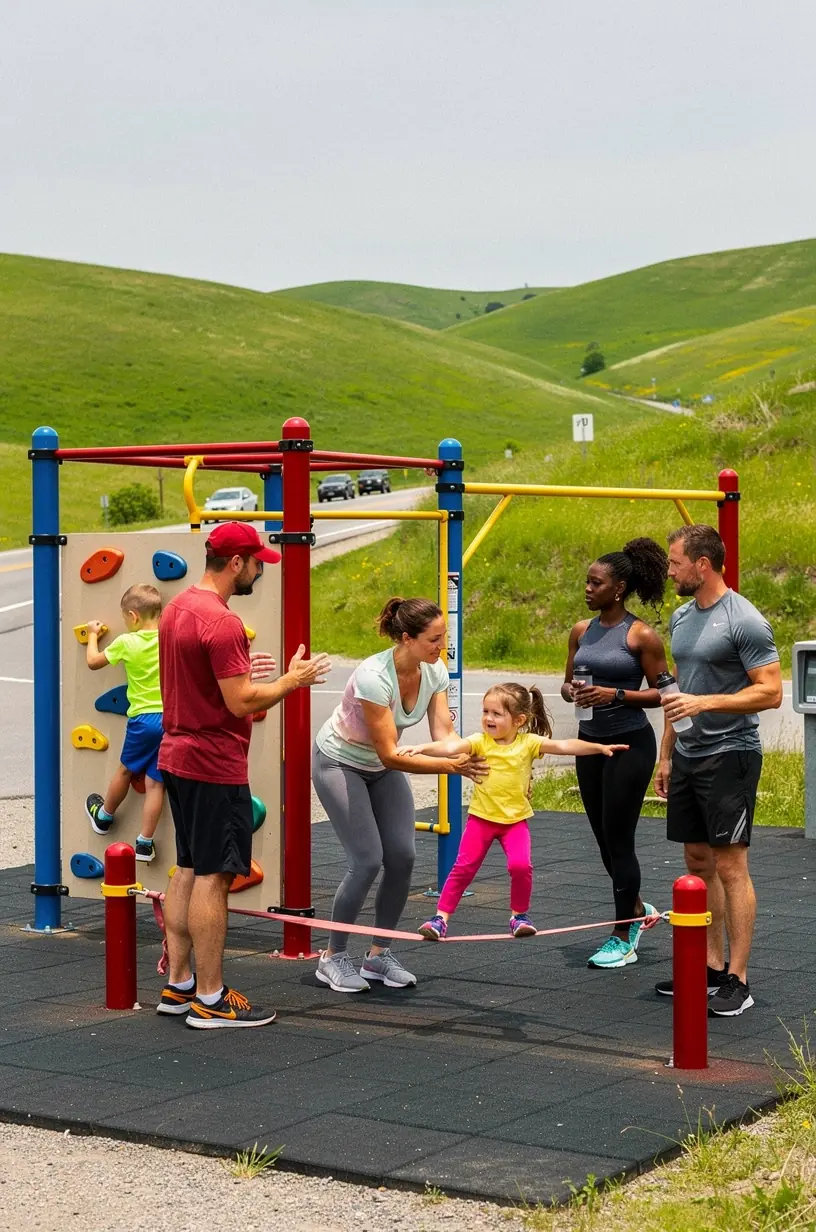 Площадка для быстрой зарядки энергией с оборудованием для растяжки и кардио на обочине дороги в США