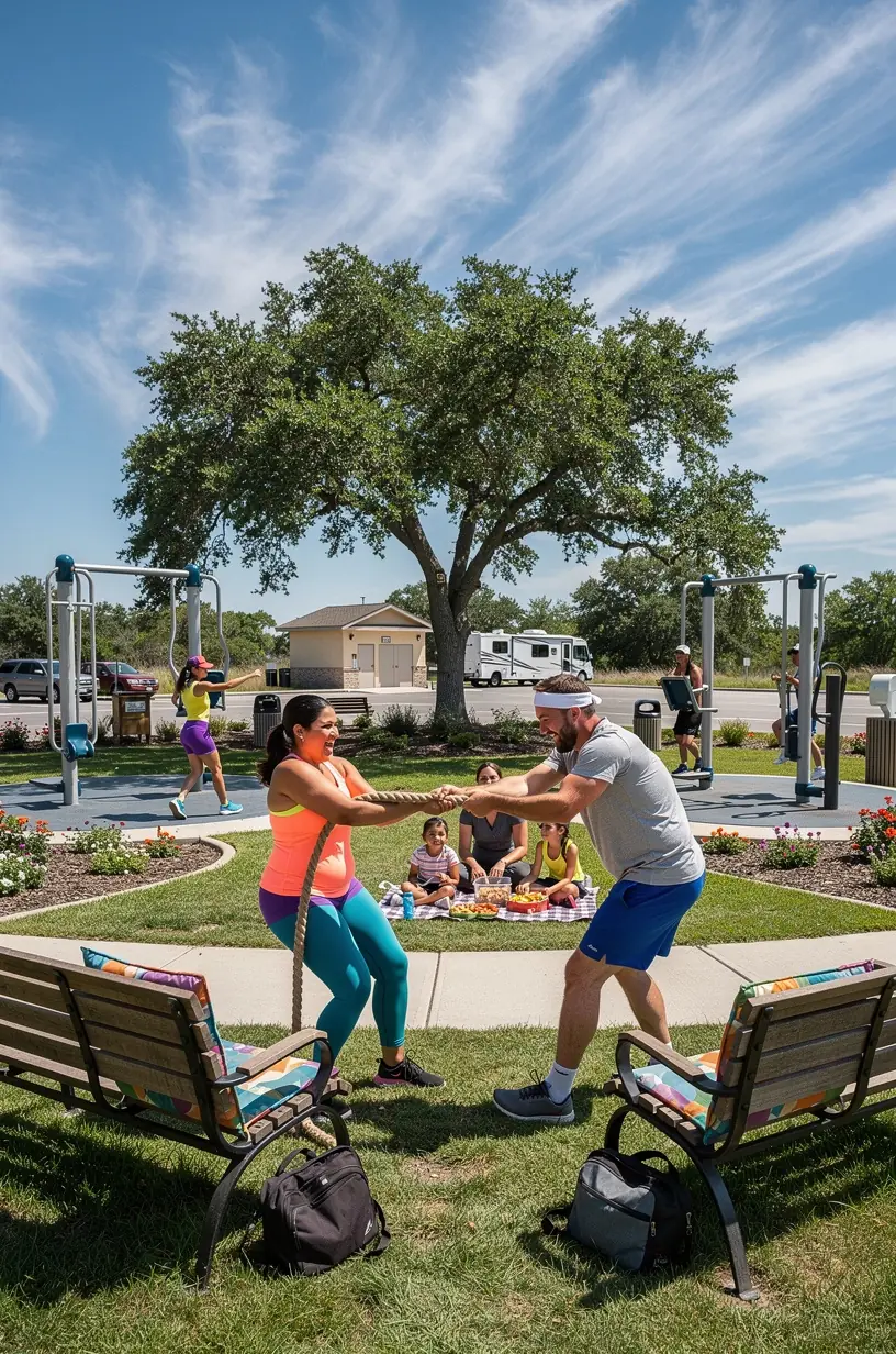 Водитель выполняет упражнения на уличной фитнес-станции для поддержания здоровья в пути